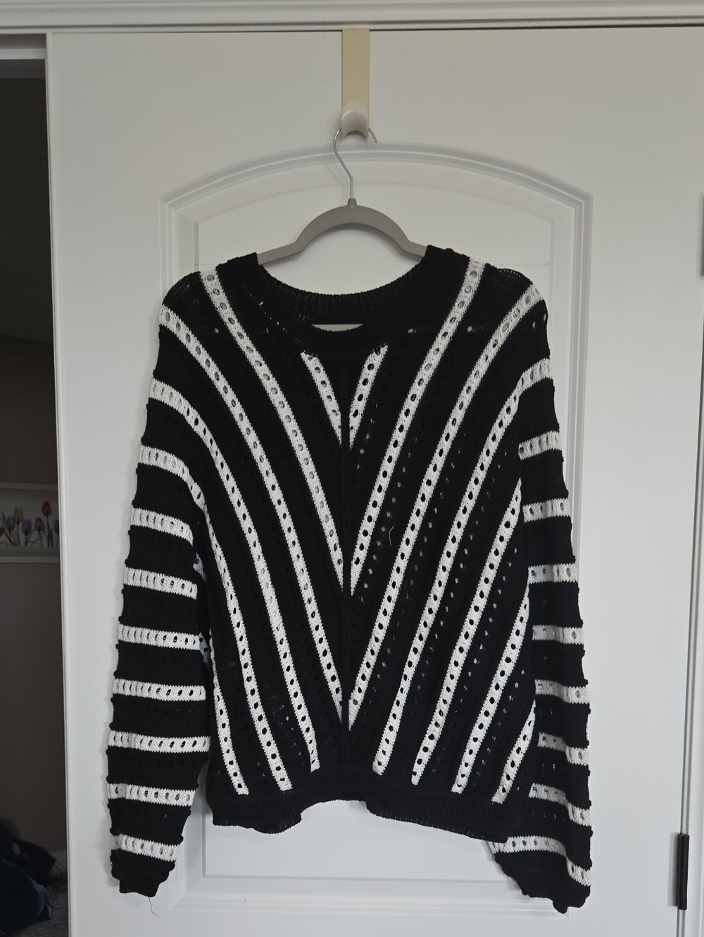 Blu Pepper Black and White Striped Eyelet Knit Crewneck Sweater